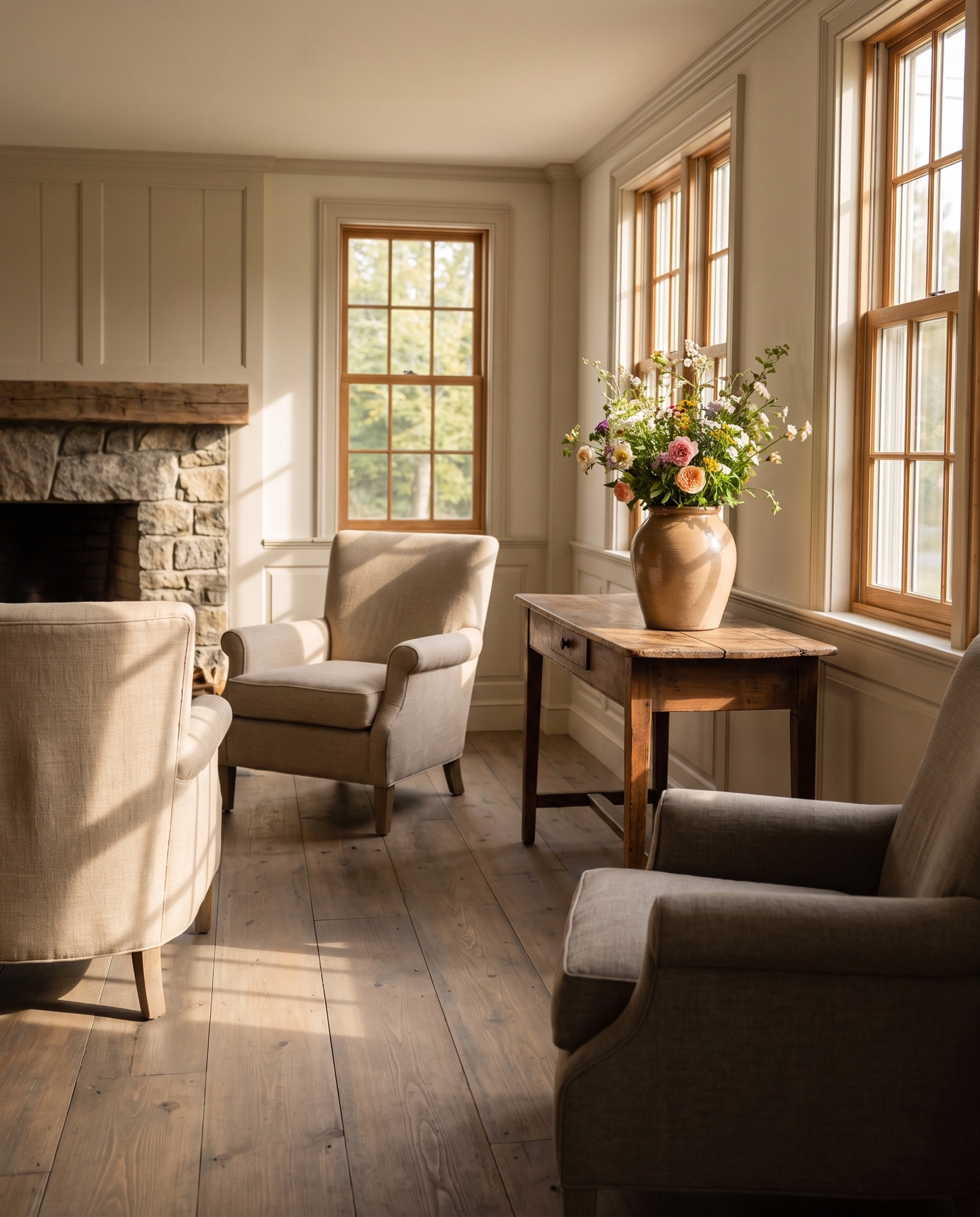 A sunlit parlor at Marlow House with linen armchairs, wide-plank wood floors, and a stone fireplace.