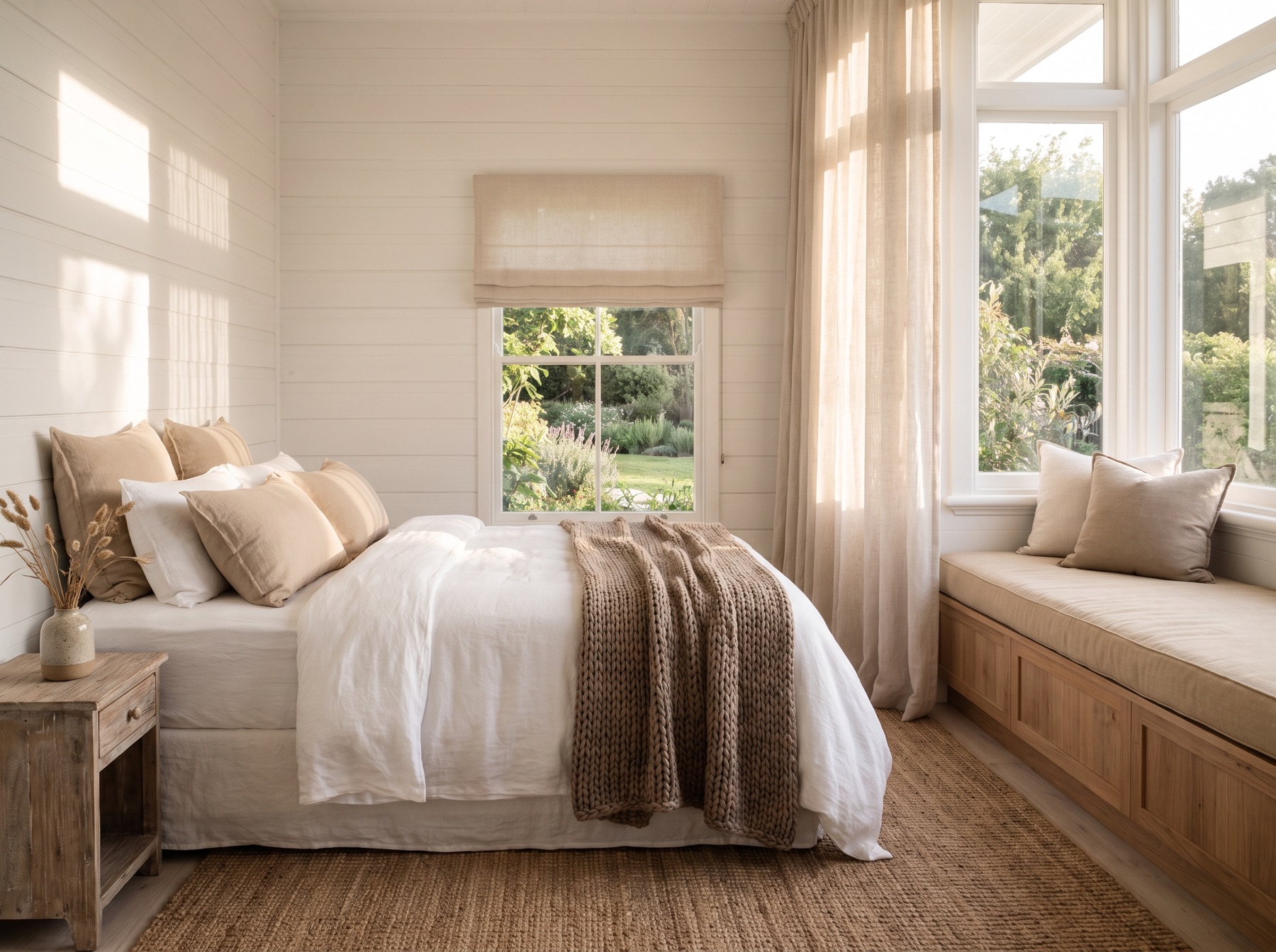 The Cottage Room at Marlow House, a sunlit bedroom with a queen bed and a garden-facing window seat.