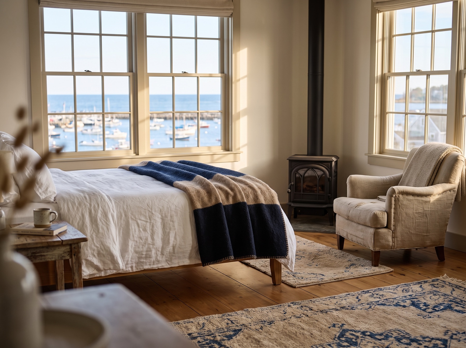 The Harbor Suite at Marlow House, a corner bedroom with two windows overlooking the harbor and a wood-burning stove.