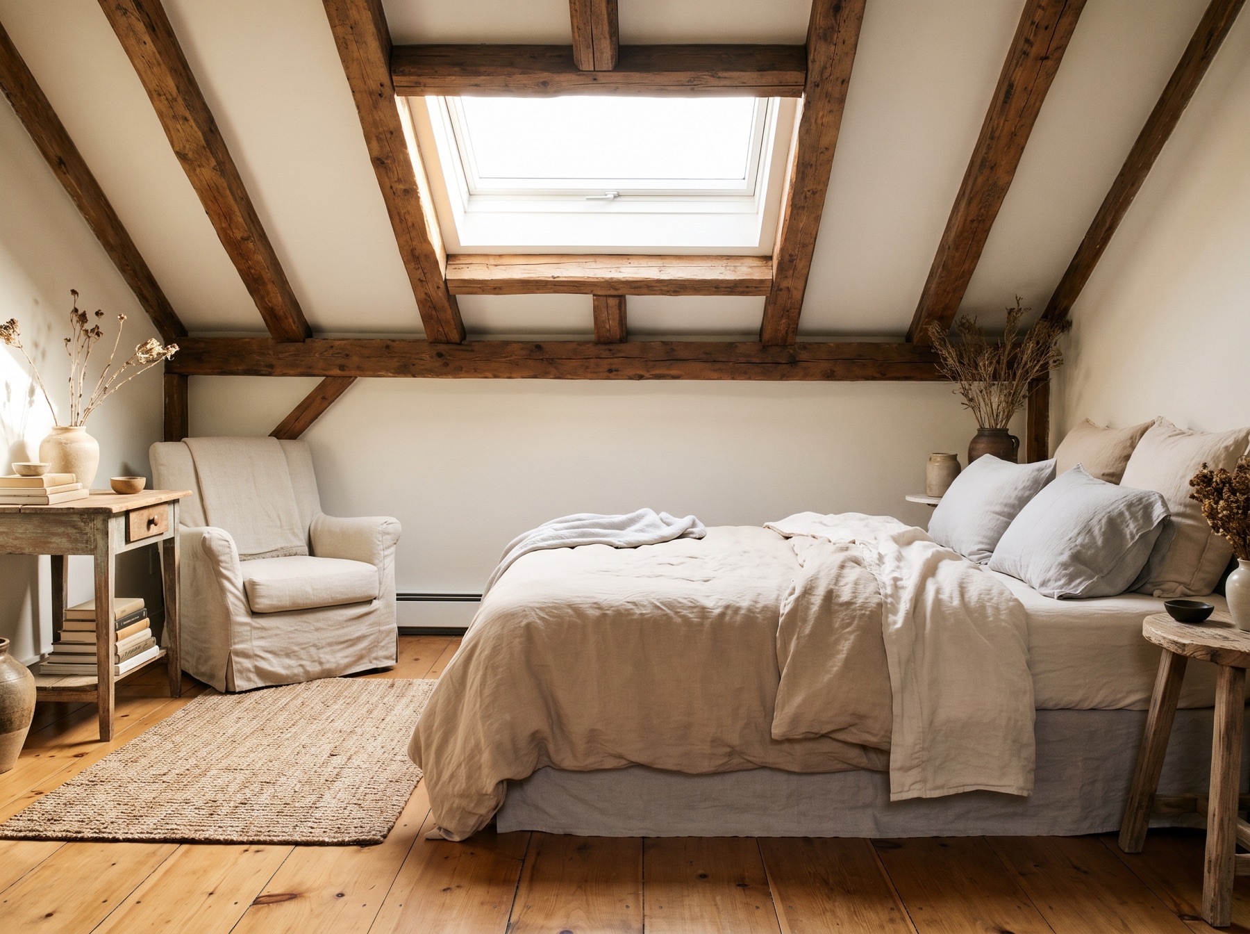 The Loft at Marlow House, a top-floor bedroom with exposed beams and a skylight.