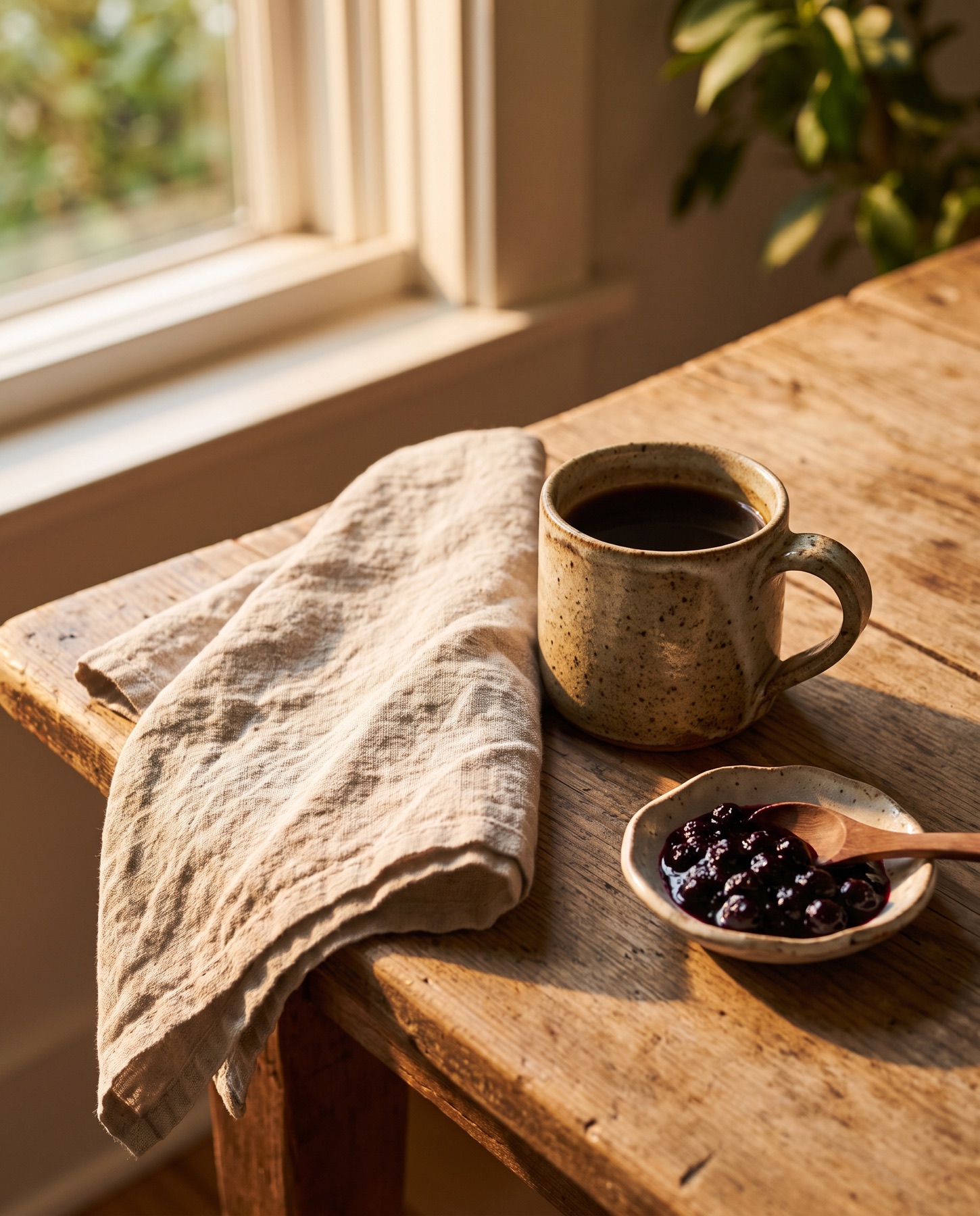 A breakfast table detail at Marlow House: coffee in a hand-thrown mug, linen, and wild blueberry preserves in morning light.