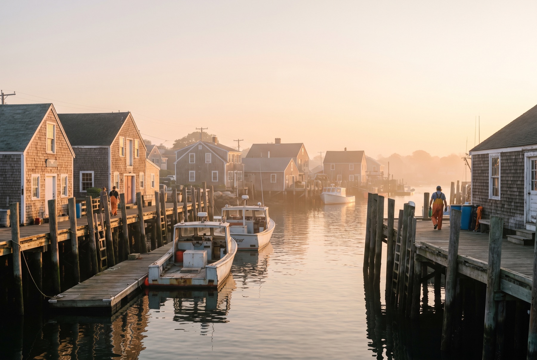 Fenwick Harbor at golden hour, wooden docks and weathered lobster boats along the waterfront.